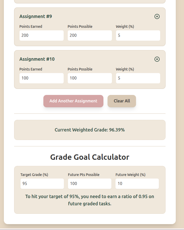 Interface preview of Grade Quackulator showing weighted grade inputs and calculated target goals.